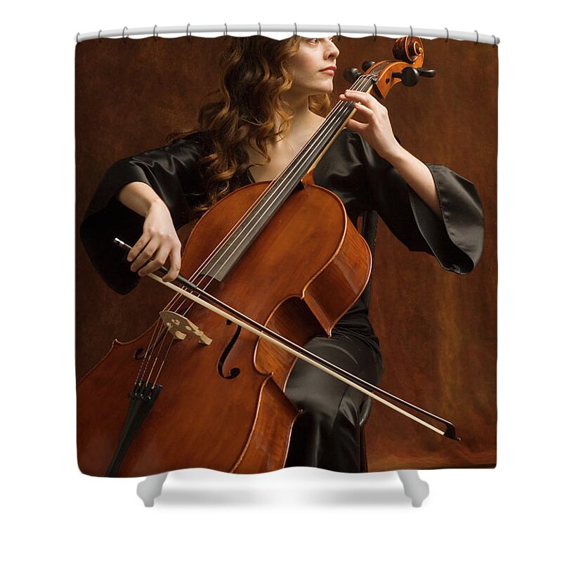 Expertise Shower Curtain featuring the photograph Young Woman Playing Cello by Pm Images