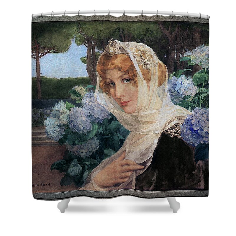 Young Woman With Hydrangeas Shower Curtain featuring the painting Young Woman with Hydrangeas by Elisabeth Sonrel by Rolando Burbon