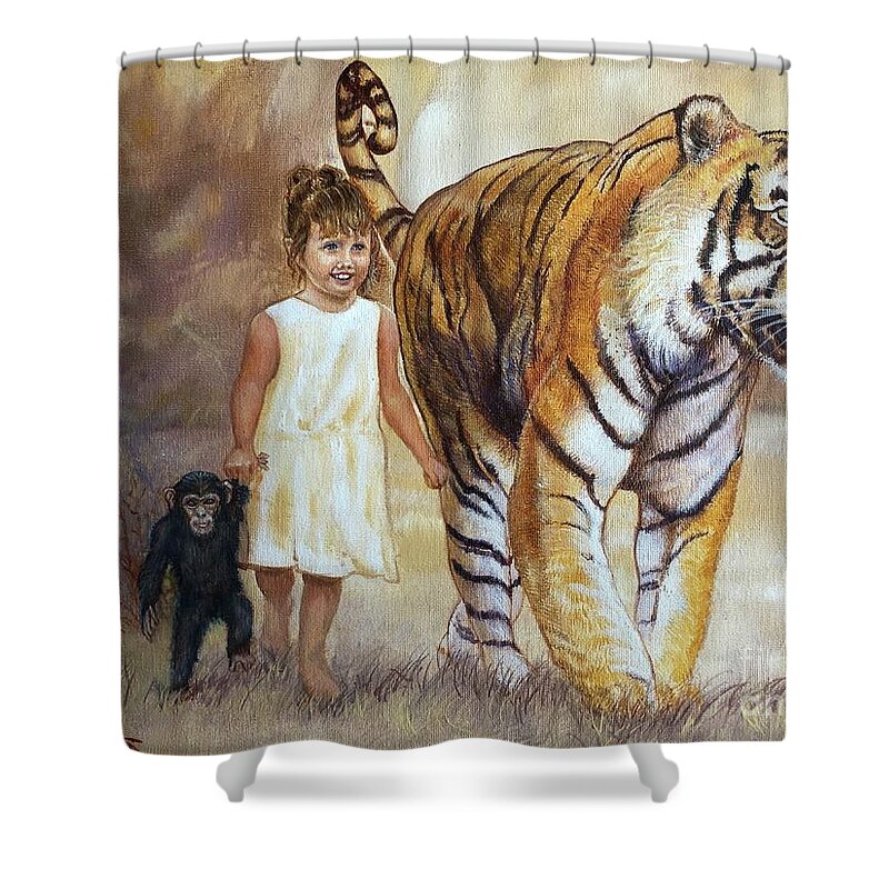 Oil Painting Shower Curtain featuring the painting Zaiden, Lexi and Dylan Morning Stroll by Leland Castro