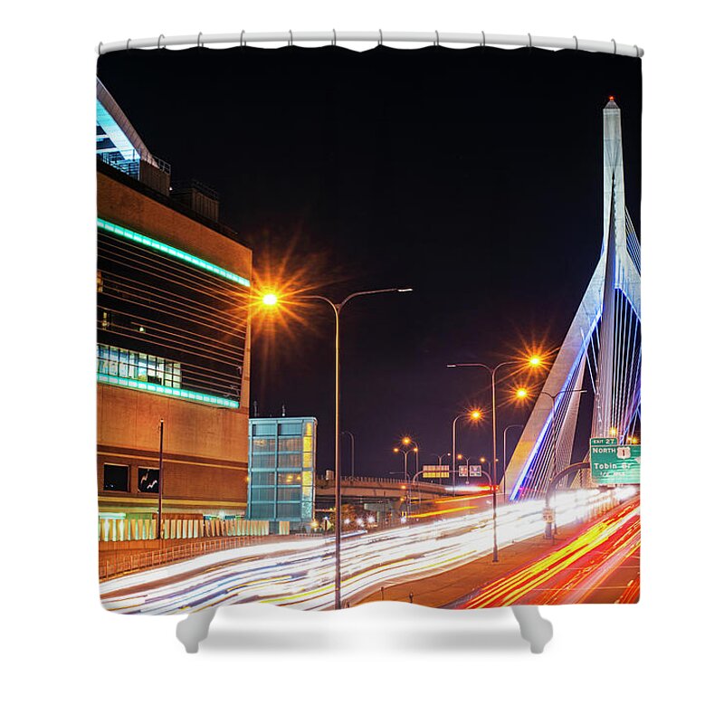 Boston Shower Curtain featuring the photograph Zakim Bridge and TD Garden Boston MA long exposure by Toby McGuire