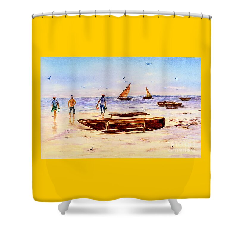 Beach Shower Curtain featuring the painting Zanzibar Forzani beach by Sher Nasser