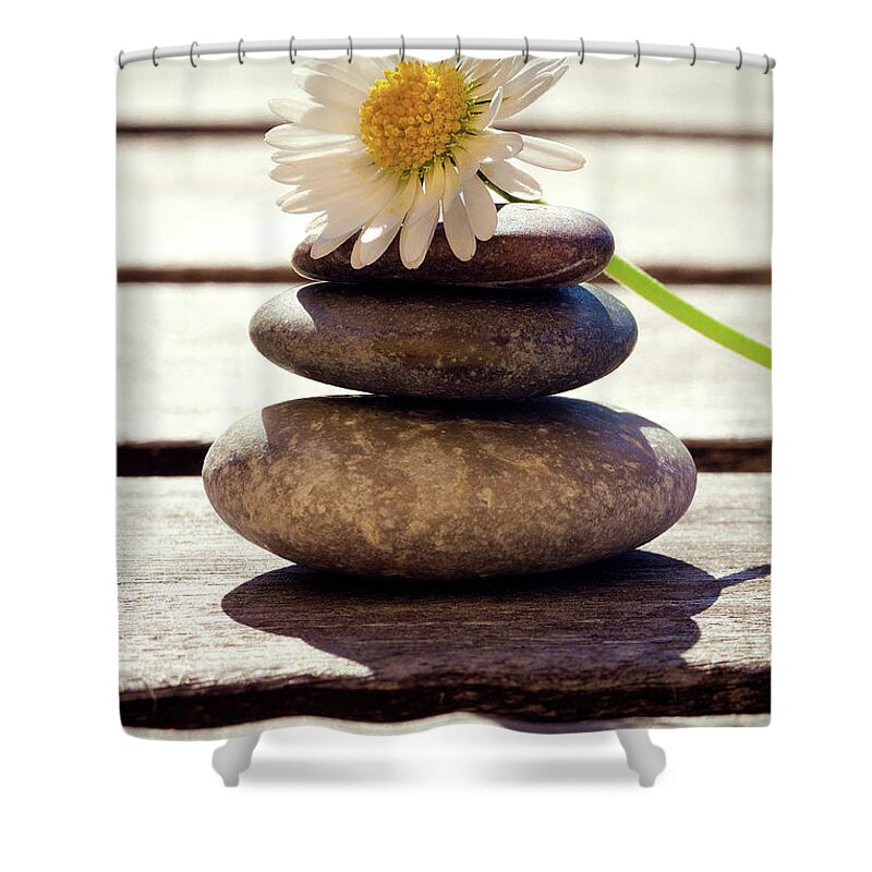 Petal Shower Curtain featuring the photograph Zen Stones With Daisy by Lacaosa