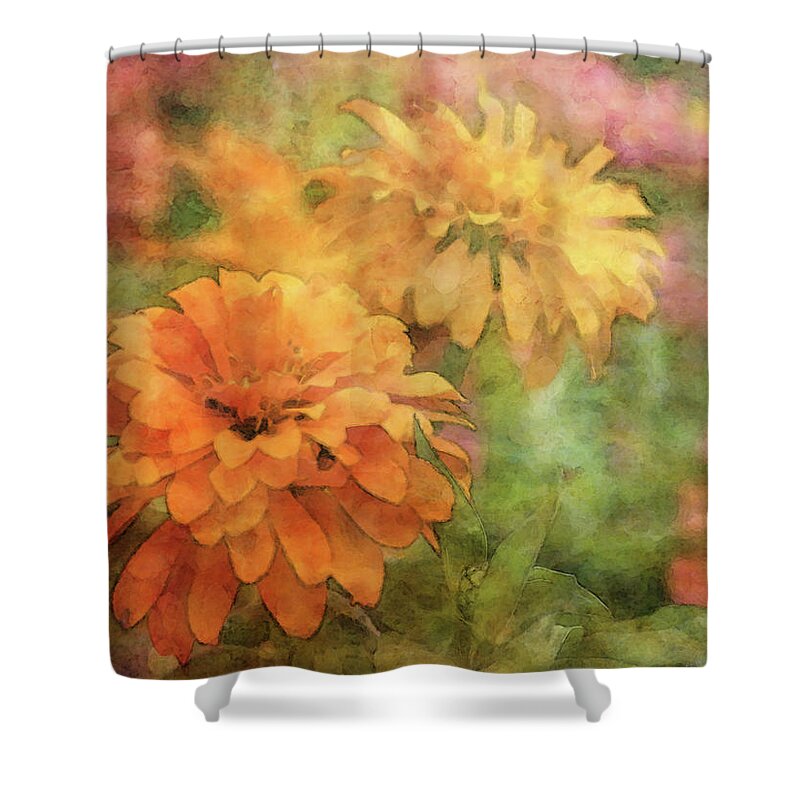 Impressionist Shower Curtain featuring the photograph Zinnias 3063 IDP_2 by Steven Ward
