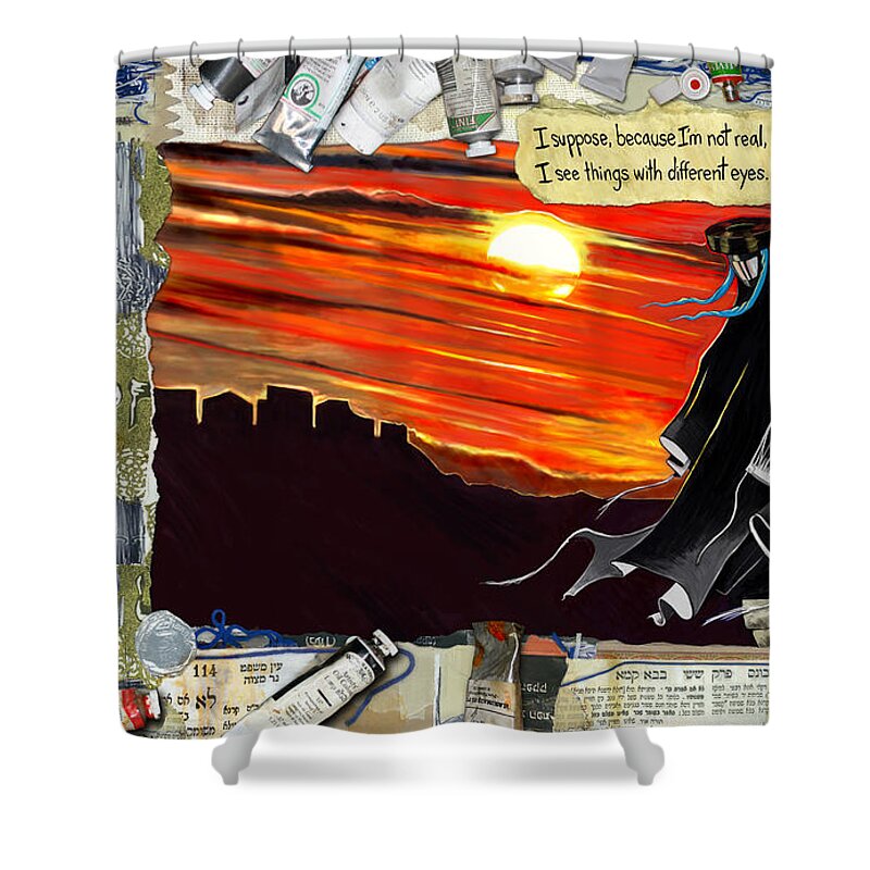 Golem Shower Curtain featuring the painting Zolidian Page One by Yom Tov Blumenthal