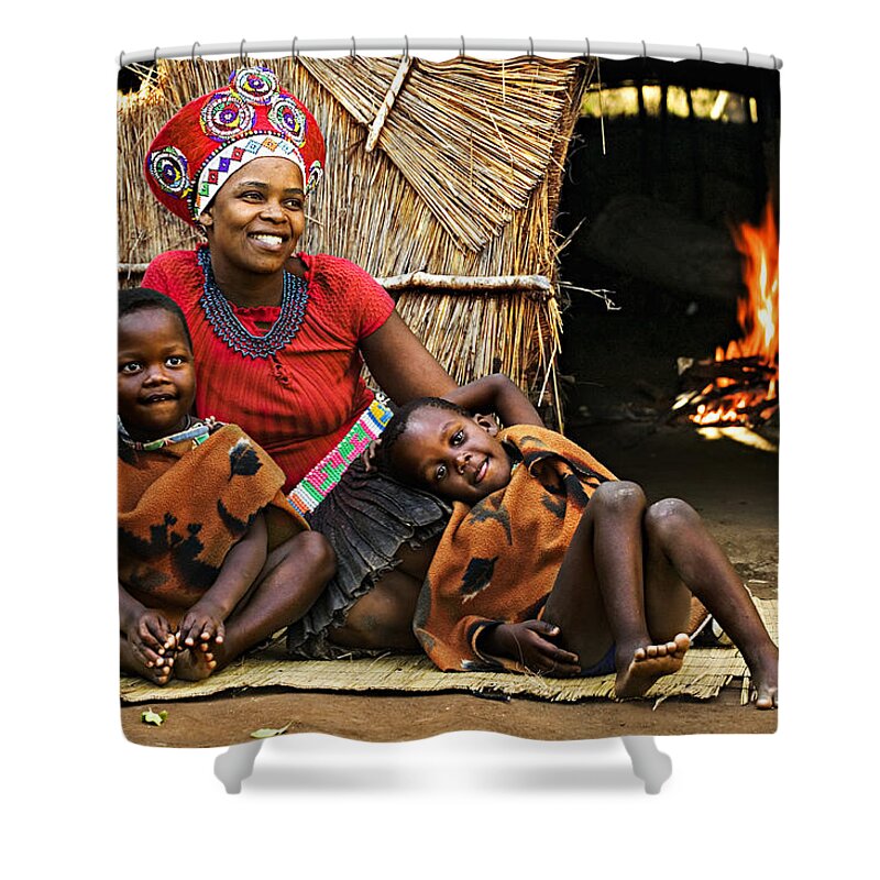Working Shower Curtain featuring the photograph Zulu Woman In Traditional Red Headdress by Martin Harvey