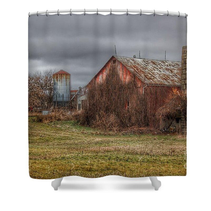 Barn Shower Curtain featuring the photograph 0796 - Slattery Road's Old Red and Silo II by Sheryl L Sutter