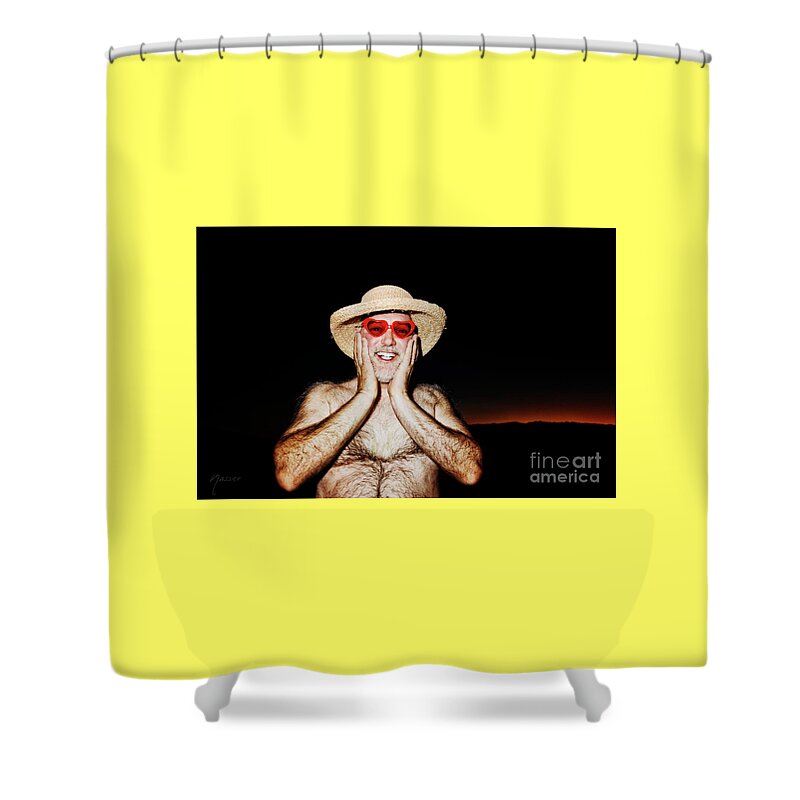 Model Dr Lenny Cocco Shower Curtain featuring the photograph 0838 Pink Hearts Daddy Lenny - After Party Sonoma by Amyn Nasser