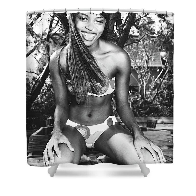 Two Girls Fun Fashion Photography Art Shower Curtain featuring the photograph 0850 Dominique - Weekend Fun Cranes Beach House Delray by Amyn Nasser