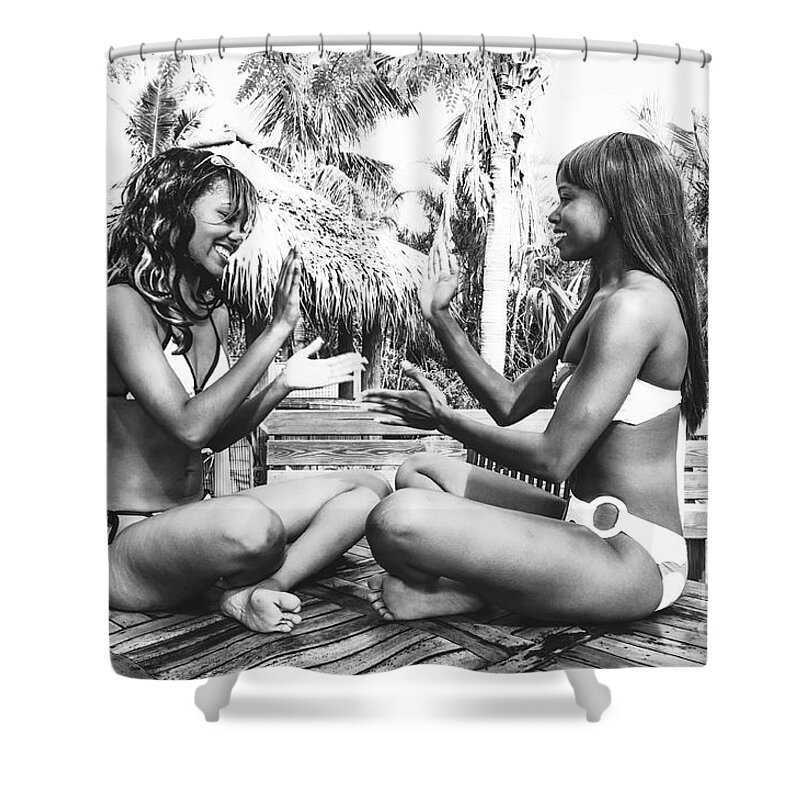 Two Girls Fun Fashion Photoraphy Art Shower Curtain featuring the photograph 0868 Lilisha Dominique Girl Fun Cranes Delray Beach by Amyn Nasser