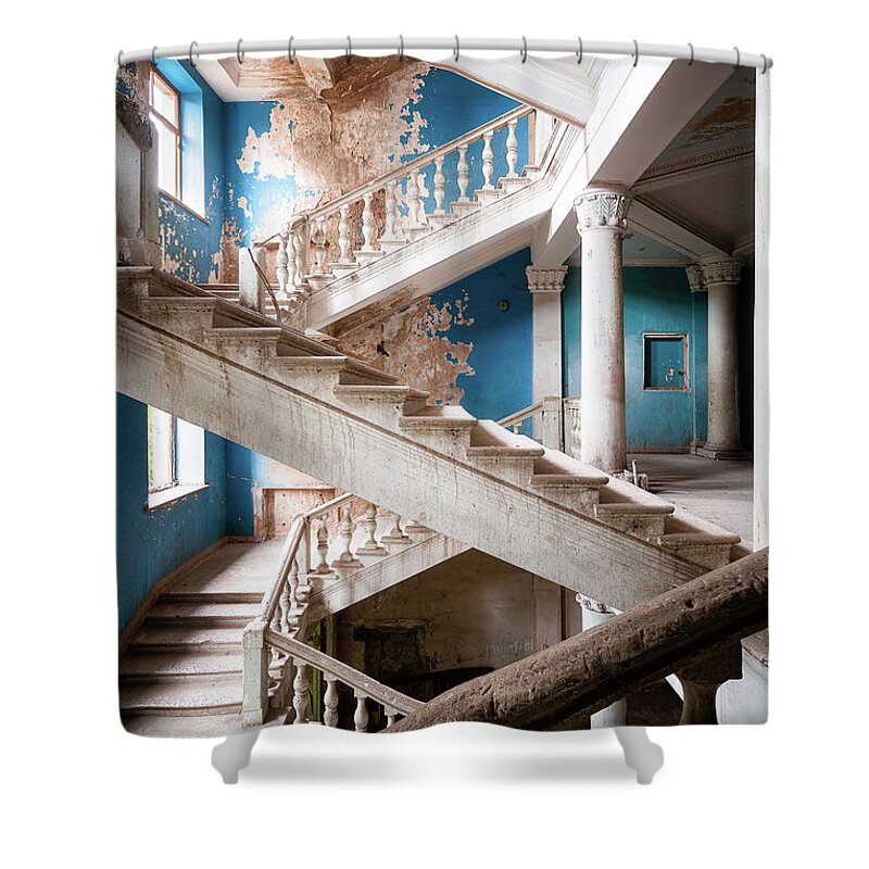 Abandoned Shower Curtain featuring the photograph Abandoned Blue Staircase #1 by Roman Robroek