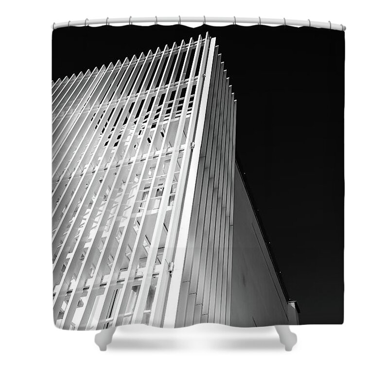 Architecture Shower Curtain featuring the photograph Abstract architecture design. Black and white futuristic exterior background. Black sky copy-space by Michalakis Ppalis