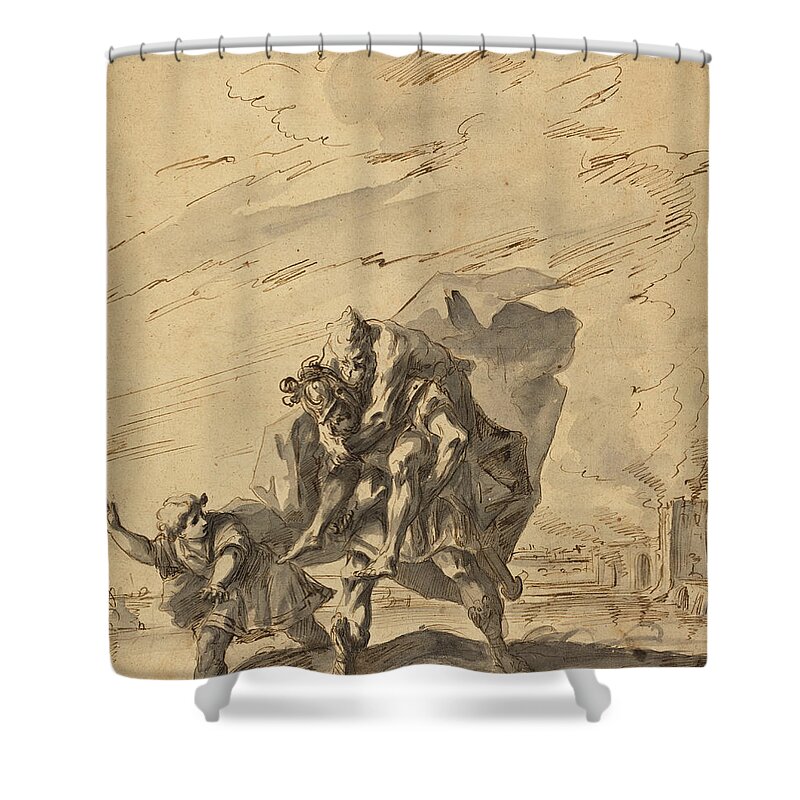 Gaspare Diziani Shower Curtain featuring the drawing Aeneas Carrying Anchises from Burning Troy by Gaspare Diziani