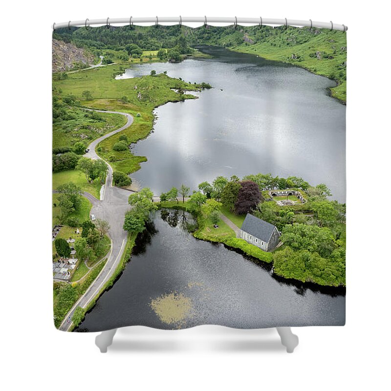 Ireland Shower Curtain featuring the photograph Aerial drone landscape of St. Finbarr oratory Church, Gougane Barra, cork West Ireland. by Michalakis Ppalis