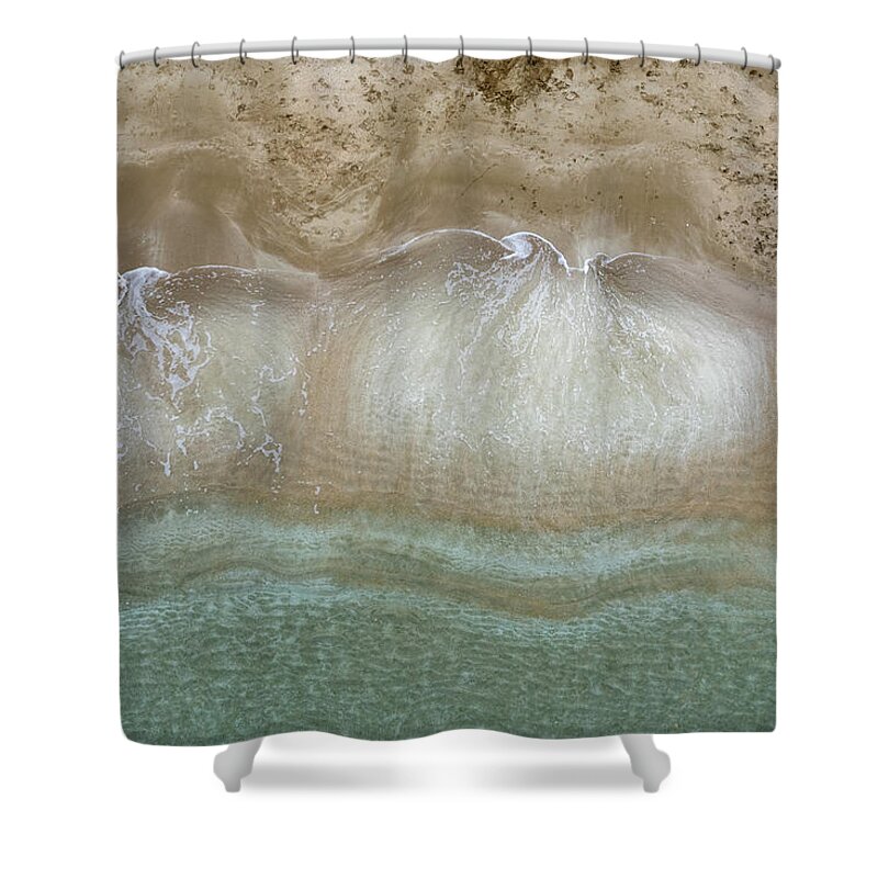 Golden Sand Shower Curtain featuring the photograph Aerial view drone of empty tropical sandy beach with golden sand. Seascape background by Michalakis Ppalis