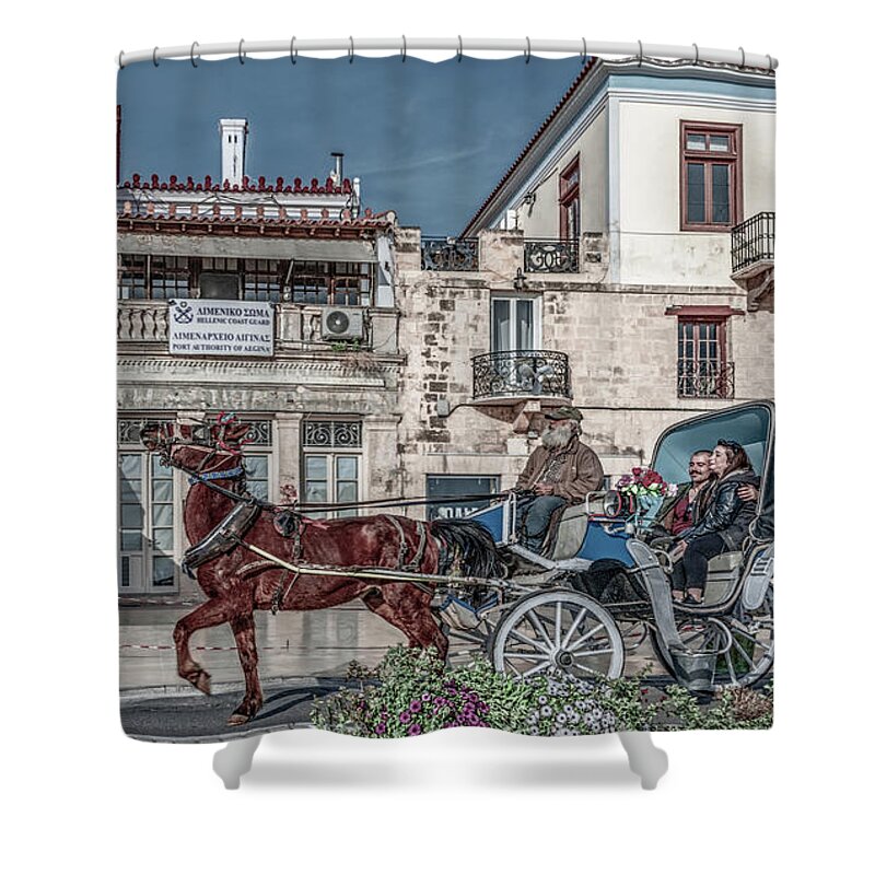 Aegina Shower Curtain featuring the photograph Afternoon Jaunt on Aegina, Vintage Version by Marcy Wielfaert