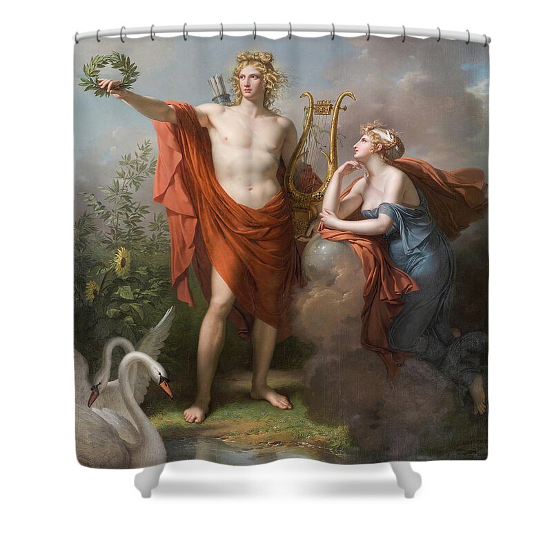 Charles Meynier Shower Curtain featuring the painting Apollo, God of Light, Eloquence, Poetry and the Fine Arts with Urania, Muse of Astronomy by Charles Meynier