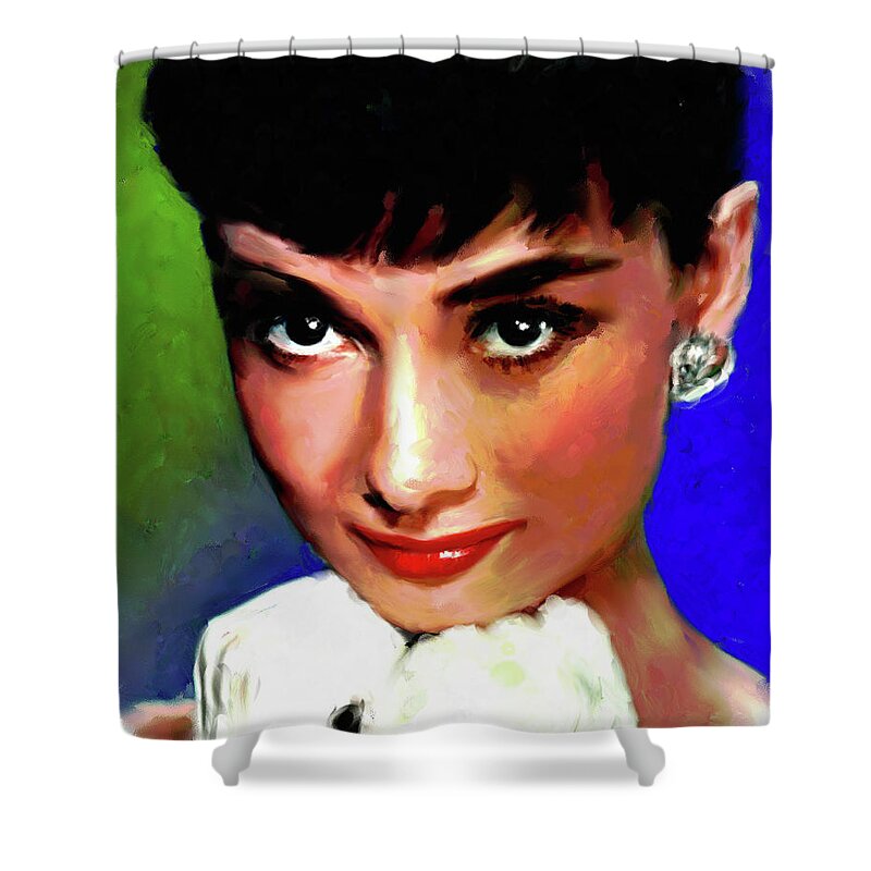 Audrey Shower Curtain featuring the painting Audrey Hepburn by Stars on Art