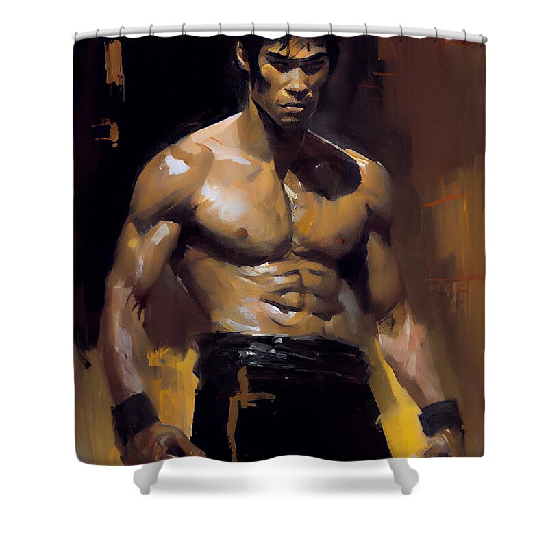 Beautiful Impressionist Painting Of Bruce Lee Art Shower Curtain featuring the painting Beautiful Impressionist painting of Bruce Lee a by Asar Studios #1 by Celestial Images