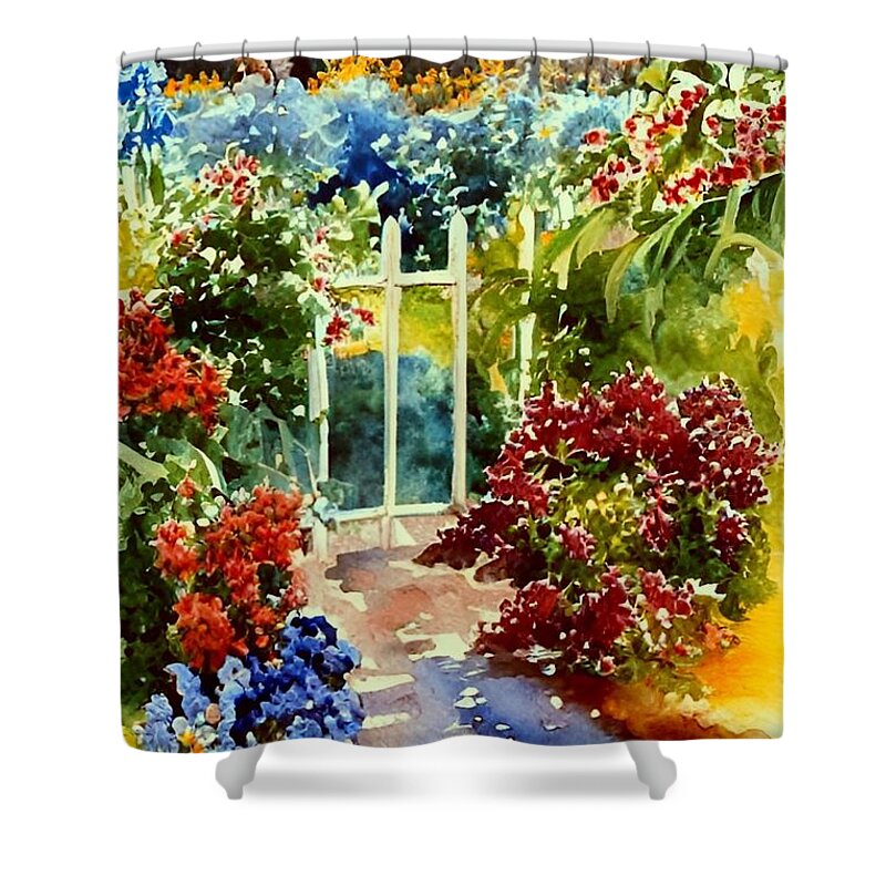 Watercolor Shower Curtain featuring the painting Behind the Garden Gate #1 by Bonnie Bruno