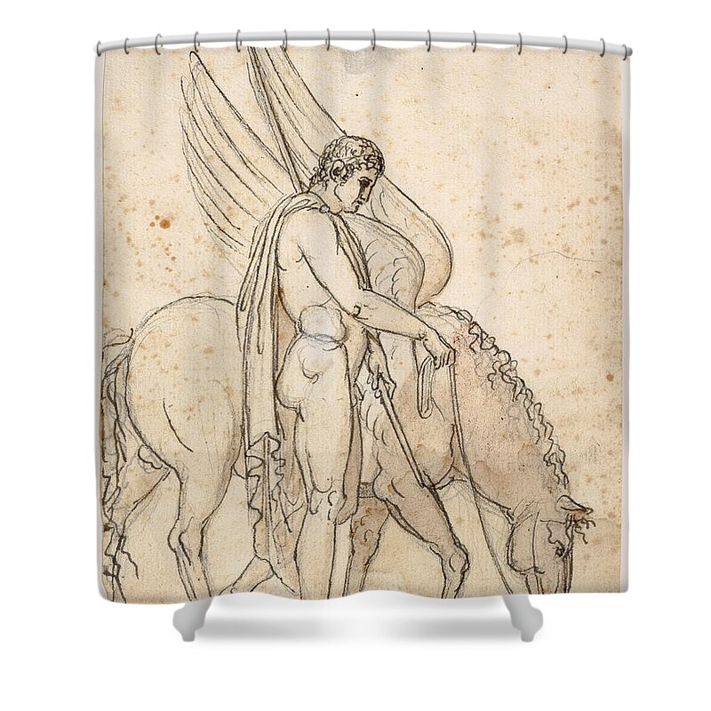 Bertel Thorvaldsen Shower Curtain featuring the drawing Bellerophon and Pegasus #2 by Bertel Thorvaldsen
