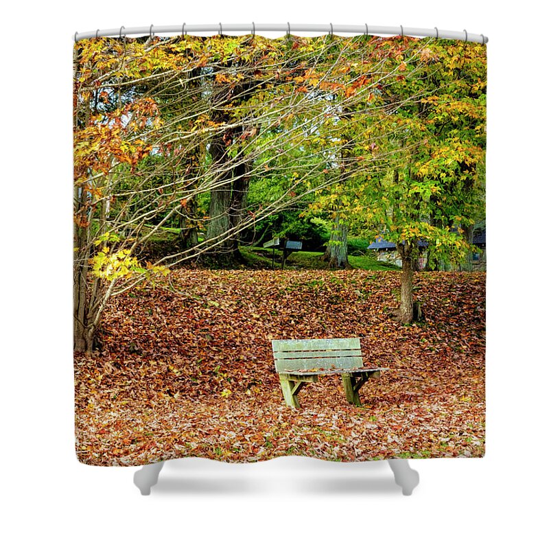 Barns Shower Curtain featuring the photograph Bench in the Fallen Leaves Creeper Trail in Autumn Fall Colors D #1 by Debra and Dave Vanderlaan