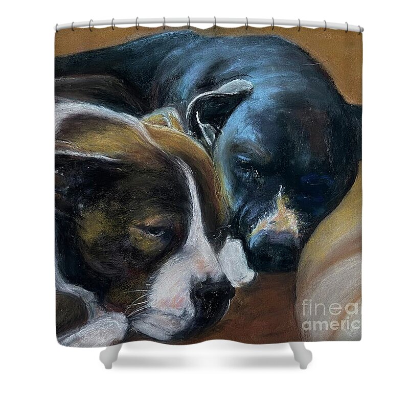 Dogs Shower Curtain featuring the painting Best Buds #1 by Susan Sarabasha