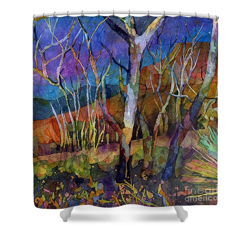 Trees Shower Curtain featuring the painting Beyond the Woods by Hailey E Herrera