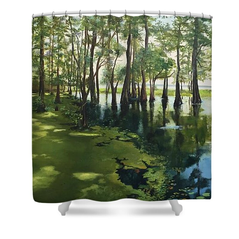 Blue Cypress Lake Shower Curtain featuring the painting Blue Cypress Lake #1 by Judy Rixom