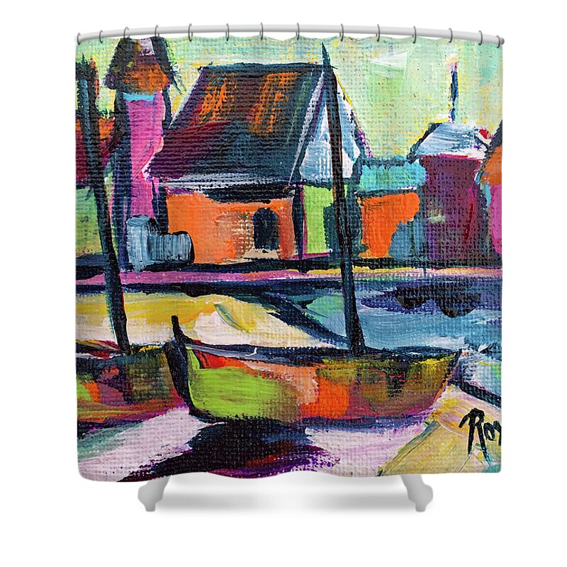 Boats Shower Curtain featuring the painting Boardwalk Boats by Roxy Rich