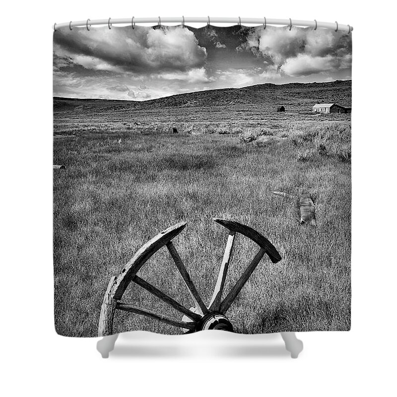 Bodie Shower Curtain featuring the photograph Bodie Ghost Town Wheel #1 by Jon Glaser