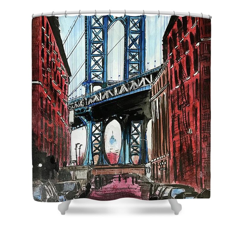 Travel Shower Curtain featuring the painting Manhattan Bridge by Eileen Backman