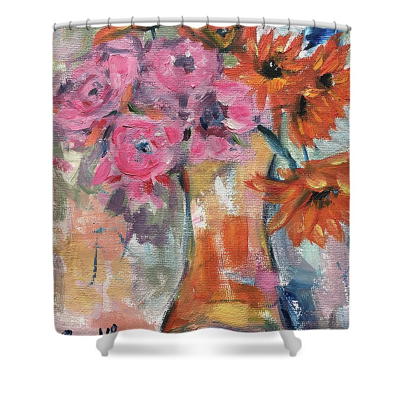 Flowers Shower Curtain featuring the painting Bunch of Happy Flowers by Roxy Rich