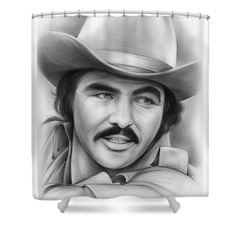 Burt Reynolds Shower Curtain featuring the drawing Burt by Greg Joens