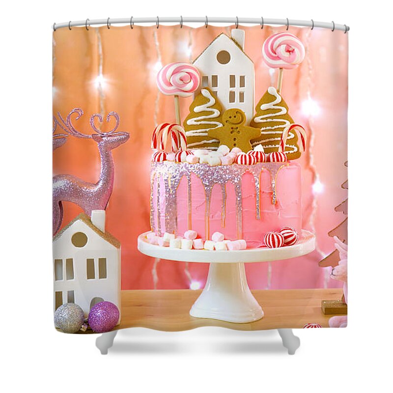Christmas Shower Curtain featuring the photograph Candy land Christmas cake in pink and gold party table setting. #1 by Milleflore Images