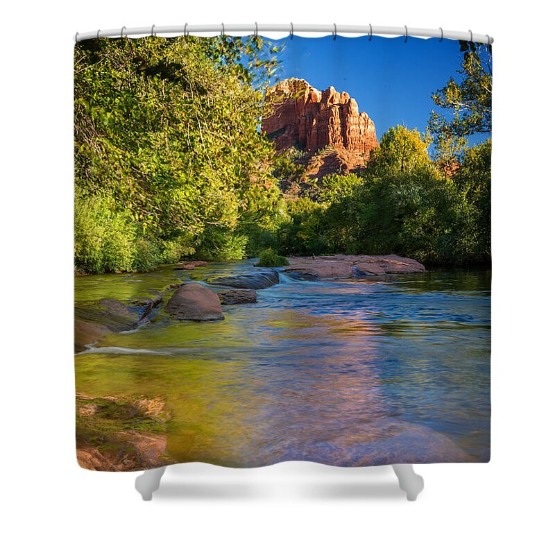 Stream Cathedral Rock Red Sedona Arizona Fstop101 Landscape Reflection Water Stream Tranquil Nature Calm Blue Sky Shower Curtain featuring the photograph Castle Rock and Stream #1 by Geno