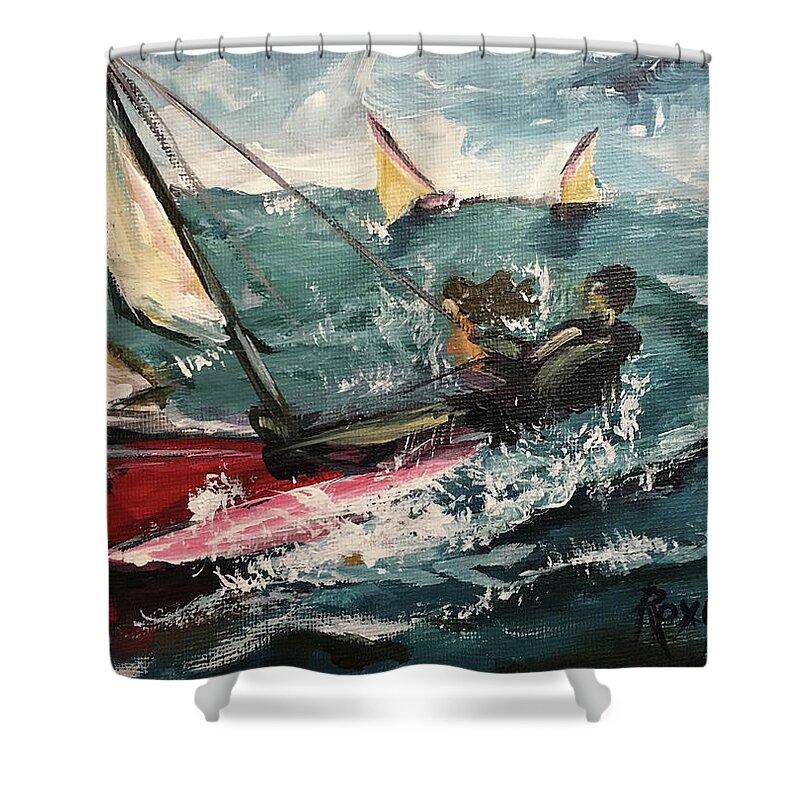 Catamaran Shower Curtain featuring the painting Cat Sailing by Roxy Rich