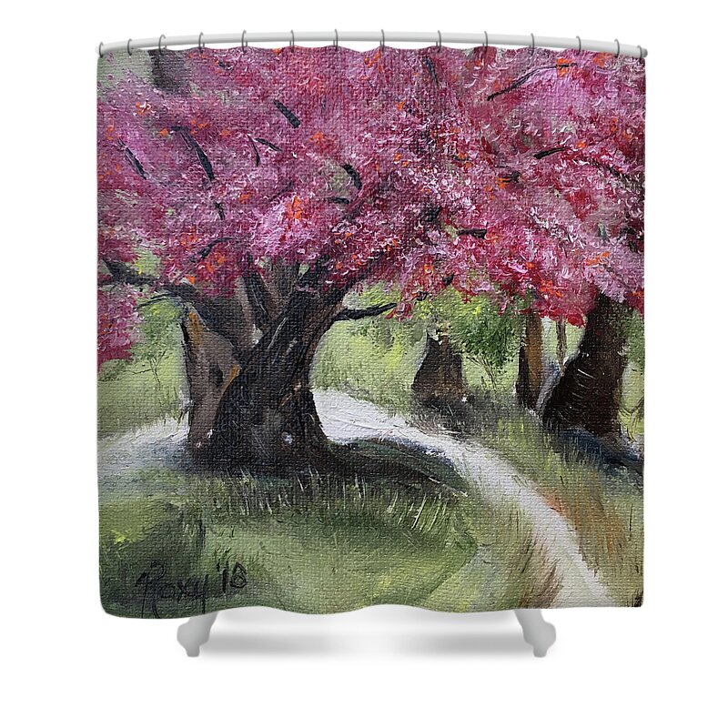 Cherry Blossoms Shower Curtain featuring the painting Cherry Blossoms in the Park #1 by Roxy Rich
