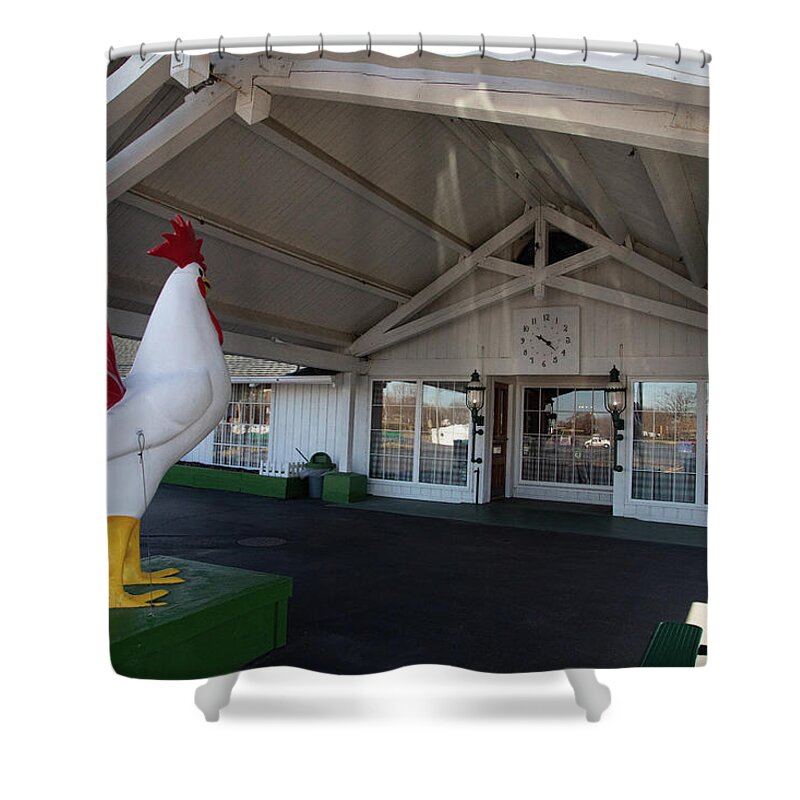White Fence Farm Illinois Shower Curtain featuring the photograph Chicken statue on Historic Route 66 at White Fence Farm in Romeoville Illinois #1 by Eldon McGraw
