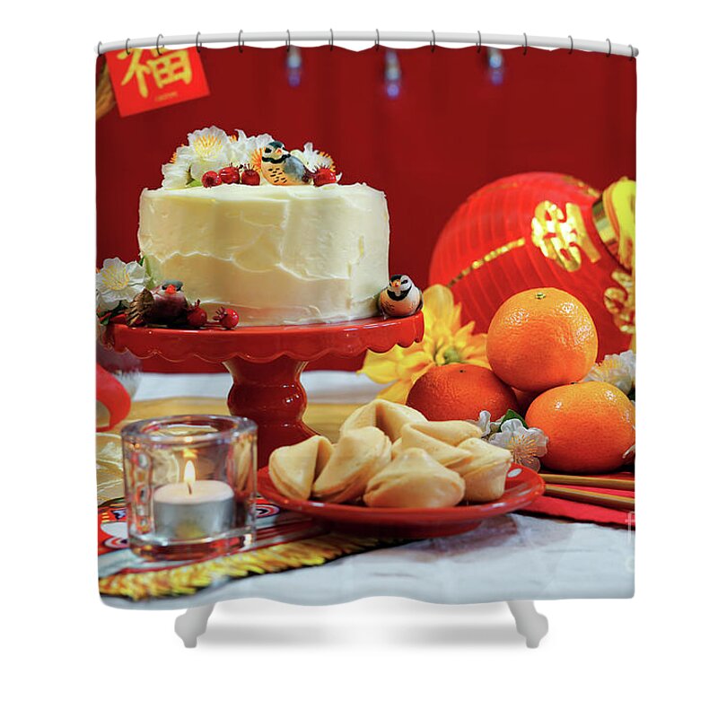 Bright Shower Curtain featuring the photograph Chinese New Year party table #1 by Milleflore Images
