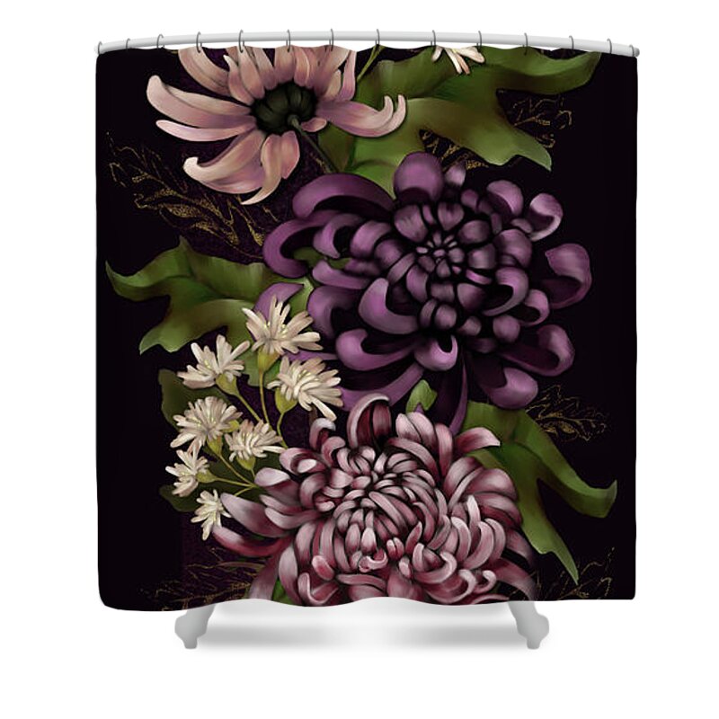 Chinoiserie Shower Curtain featuring the digital art Chrysanthemums and Butterfly Modern Chinoiserie dark purple by Sand And Chi
