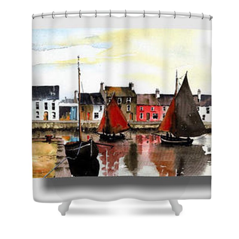 Ireland Shower Curtain featuring the painting Cladagh Harbour Galway #1 by Val Byrne