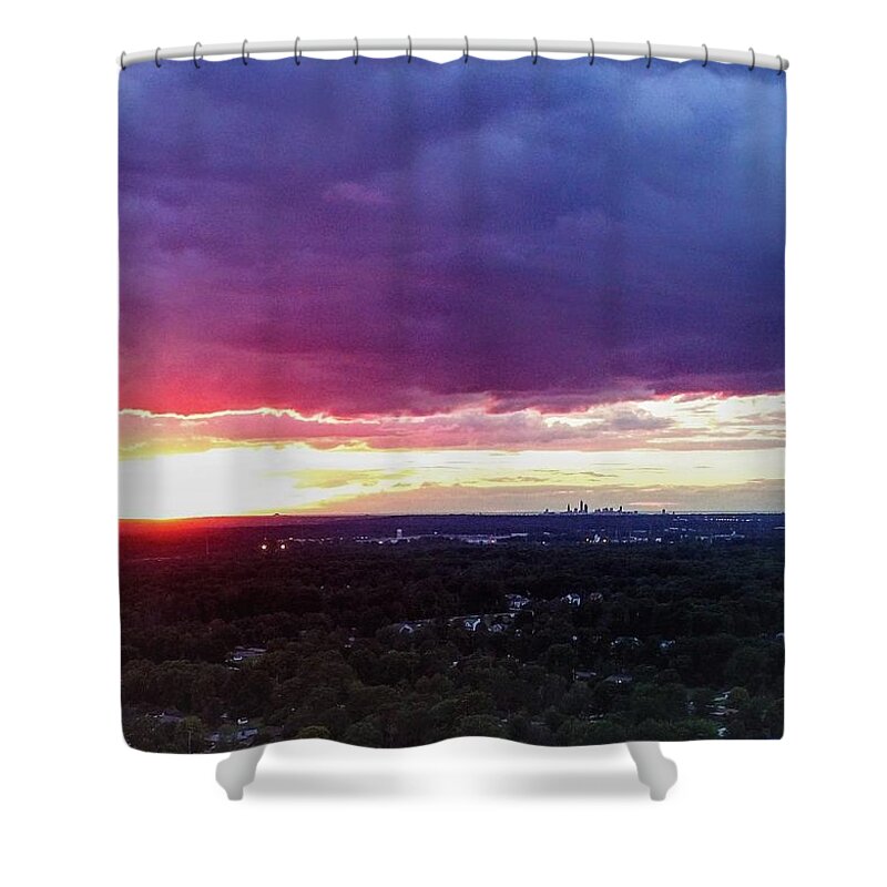  Shower Curtain featuring the photograph Cleveland Sunset - Drone by Brad Nellis