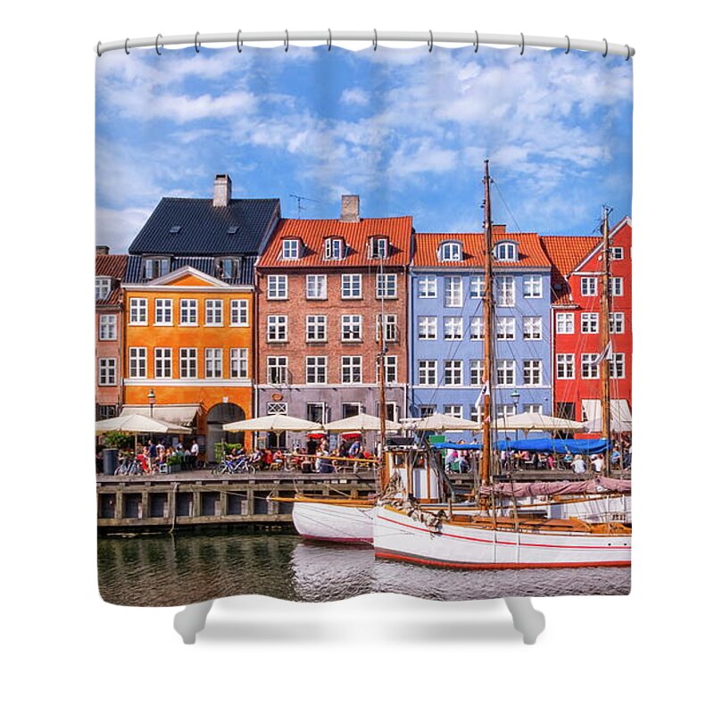 Nordic Shower Curtain featuring the photograph Colorful buildings of Nyhavn in Copenhagen, Denmark #9 by Elenarts - Elena Duvernay photo