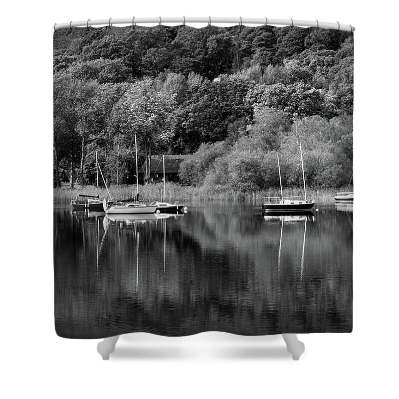 Britain Shower Curtain featuring the photograph Coniston Water reflections #1 by Seeables Visual Arts