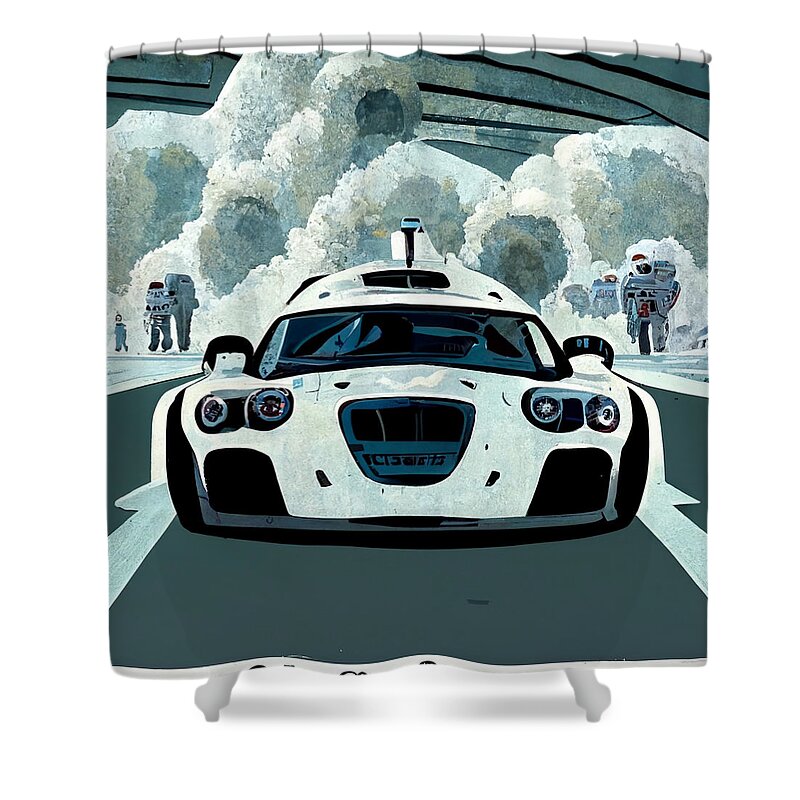 Cool Shower Curtain featuring the painting Cool Cartoon The Stig Top Gear Show Driving A Car D27276c2 1dc4 442d 4e78 Dd764d266a62 by MotionAge Designs