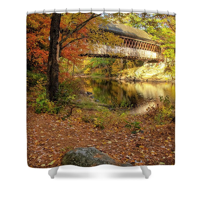 The Gorgeous Henniker Covered Bridge On A Beautiful Fall Day In October Seen Throuh The Woods. Henniker Shower Curtain featuring the photograph Covered Bridge in Autumn #1 by Donna Doherty
