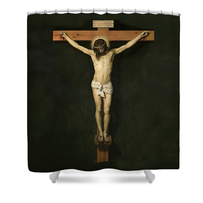 Jesus Shower Curtain featuring the mixed media Crucifixion #2 by Diego Velazquez