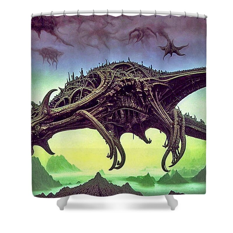 Deep Dream Shower Curtain featuring the digital art Cthulhu Warthog Over Mordor #1 by Otto Rapp