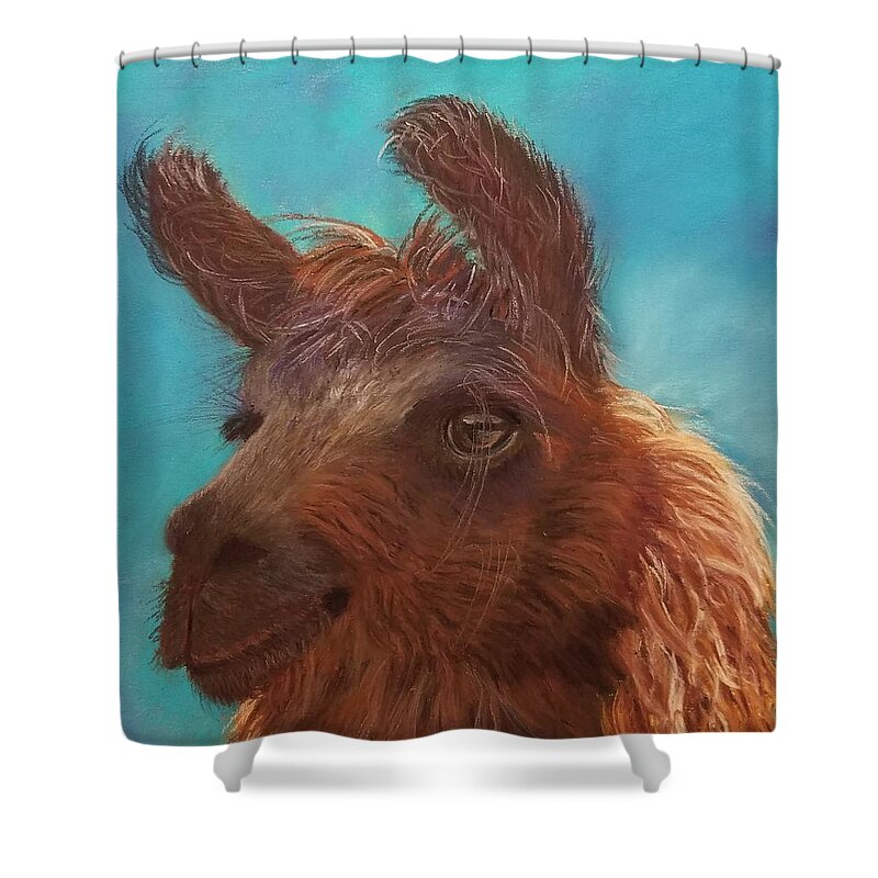Llama Shower Curtain featuring the pastel Dolly #1 by Carol Corliss