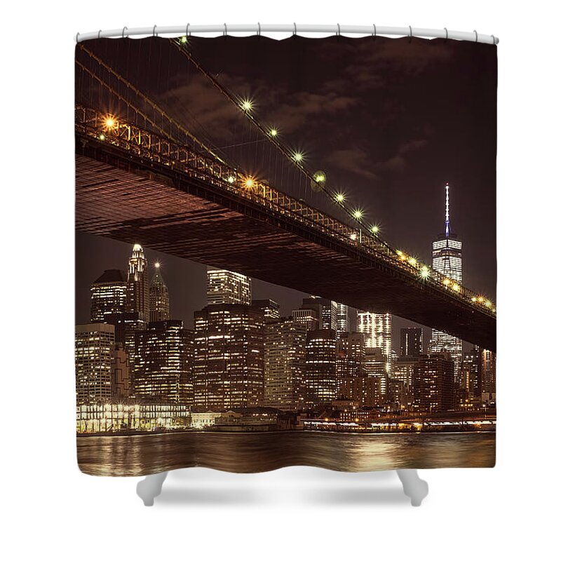 New York Shower Curtain featuring the photograph Downtown Manhattan and the Brooklyn Bridge at night #1 by Karel Miragaya